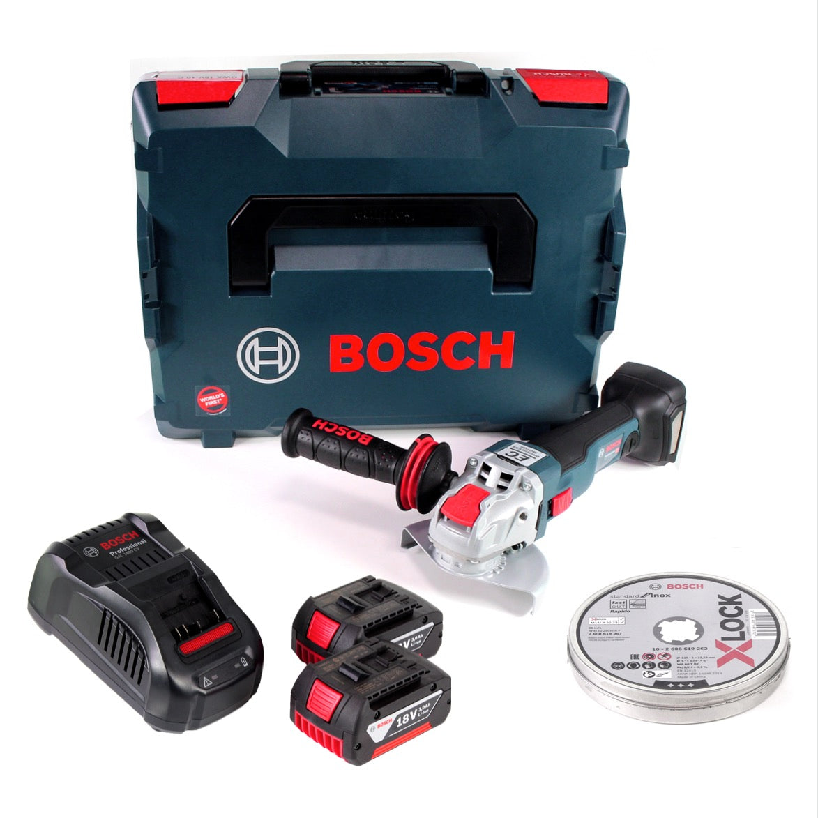 Bosch GWX 18V-10 C Akku Winkelschleifer 18V 125mm brushless X-LOCK+ 2x Akku  3,0Ah + Ladegerät + 10x Trennscheiben X-LOCK 125x22,23mm for Inox + L-BOXX